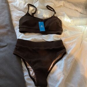 Cupshe Dark Brown Ribbed High-Waist Bikini